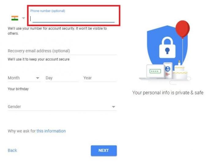 how to create mail account without mobile number